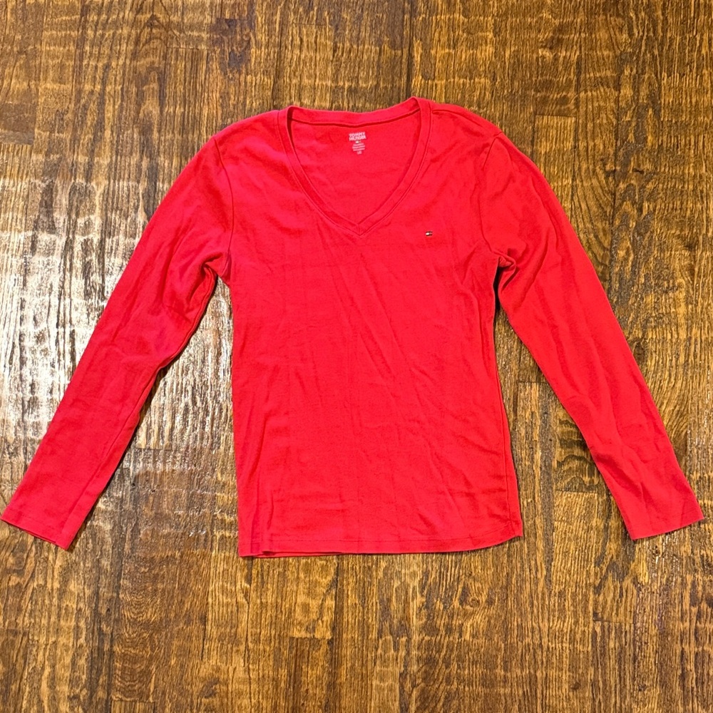 Tommy Hilfiger Red V Neck Long Sleeve Tee Logo Top Size L